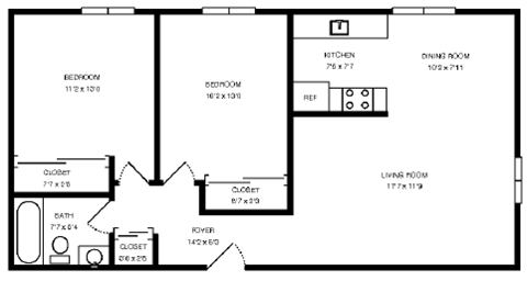Floor plan for 2 beds, 1 bath